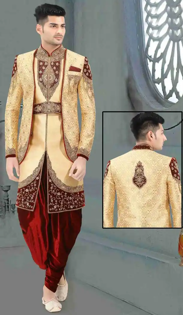 Cream Readymade Wedding Wear Indo Western Men Sherwani -671284372