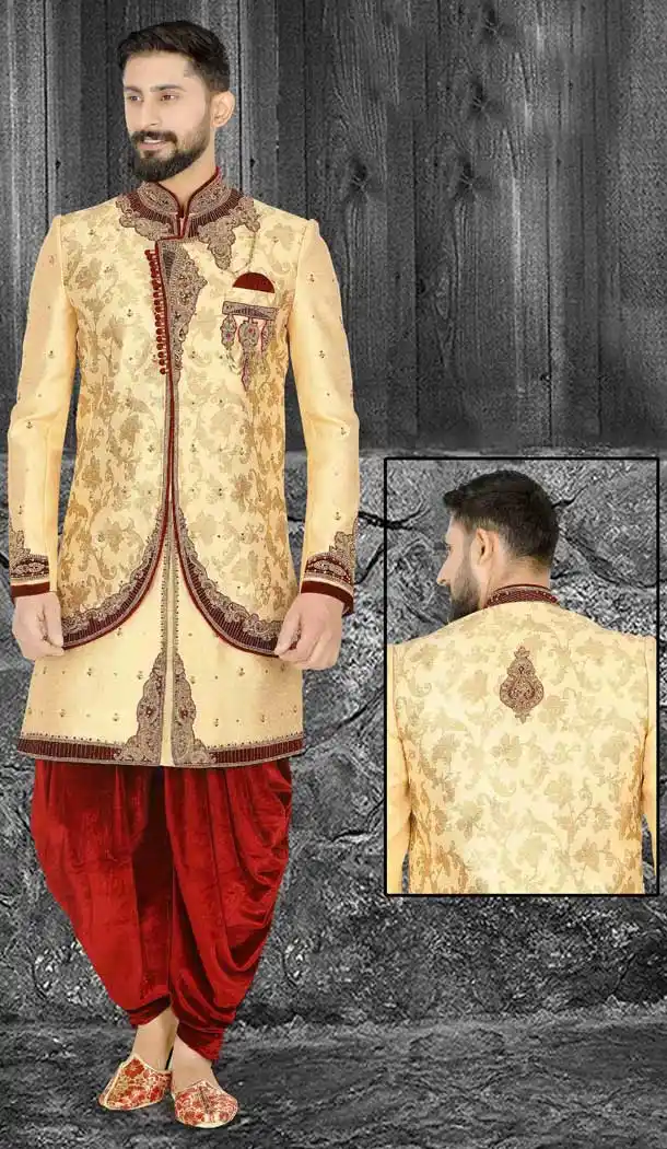 Stunning Cream Readymade Wedding Wear Indo Western Men Sherwani -671284373