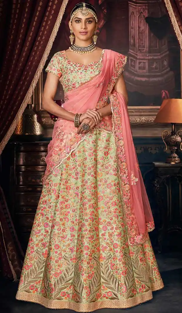 Pista Green Color Silk Designer Wedding Ladies Lehenga Choli -672184469