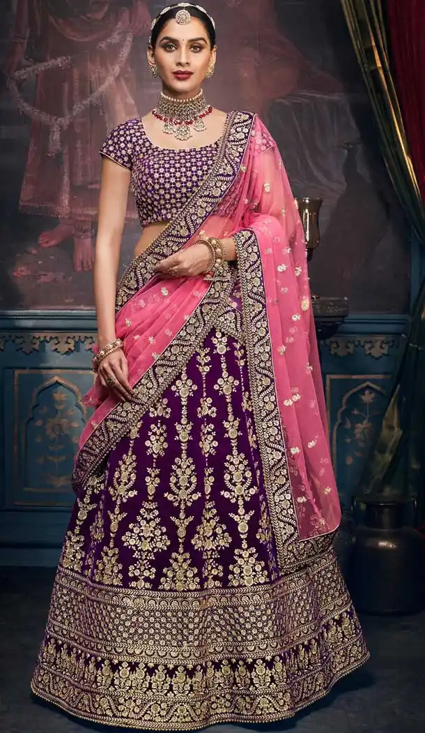 Purple Color Velvet Designer Wedding Ladies Lehenga Choli -672184474