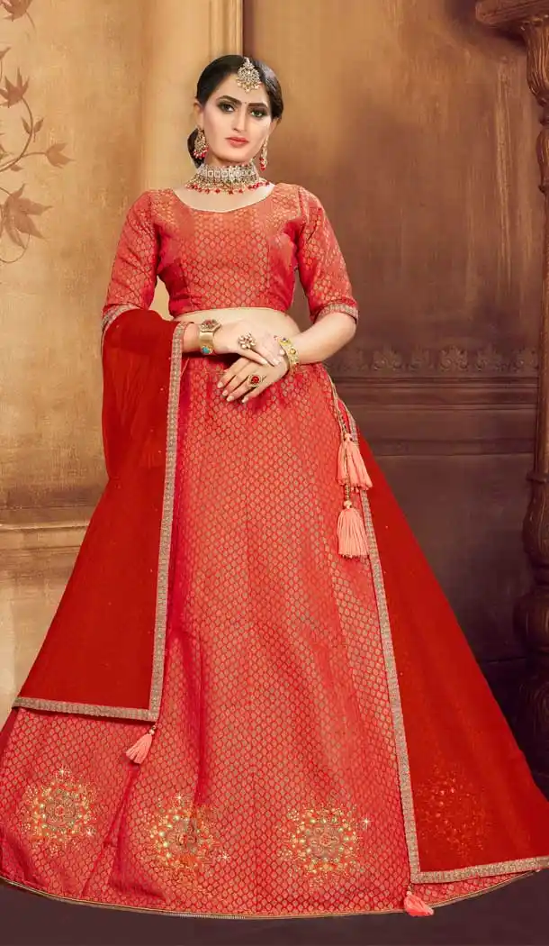 Red Color Art Silk Jacquard Traditional Party Ladies Lehenga Choli -672884580