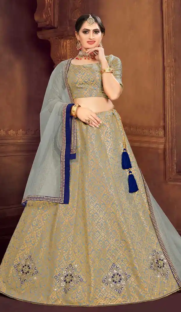 Gray Color Art Silk Jacquard Traditional Party Ladies Lehenga Choli -672884585