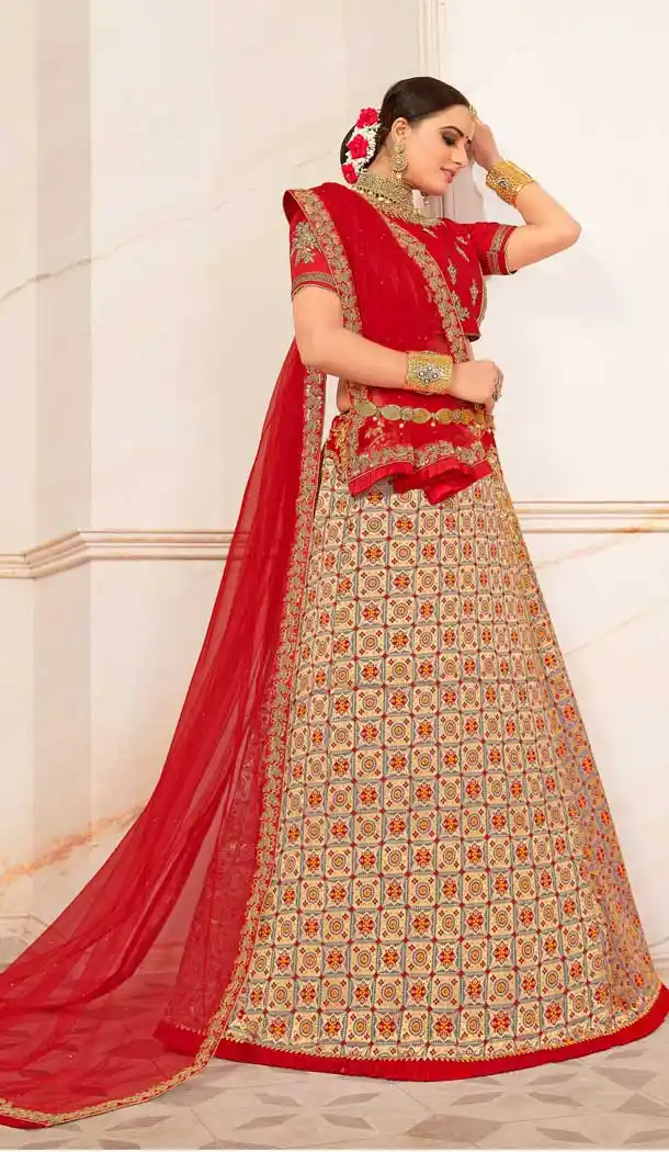 Beige Color Art Silk Jacquard Traditional Wear Designer Lehenga Choli -672984589