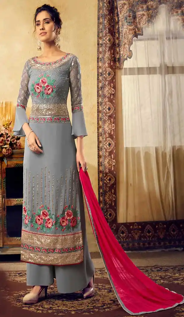 Exotic Steel Grey Color Viscos Georgette Party Wear Plazzo Suits -668284029