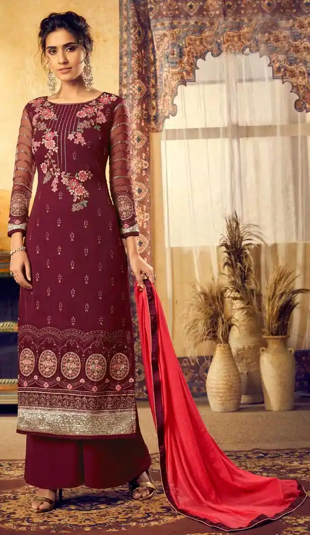 Maroon Color Viscos Georgette Party Wear Plazzo Suits