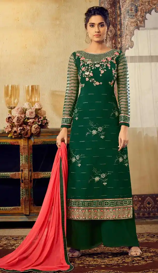 Stunning Bottle Green Color Viscos Georgette Party Wear Plazzo Suits -668284031