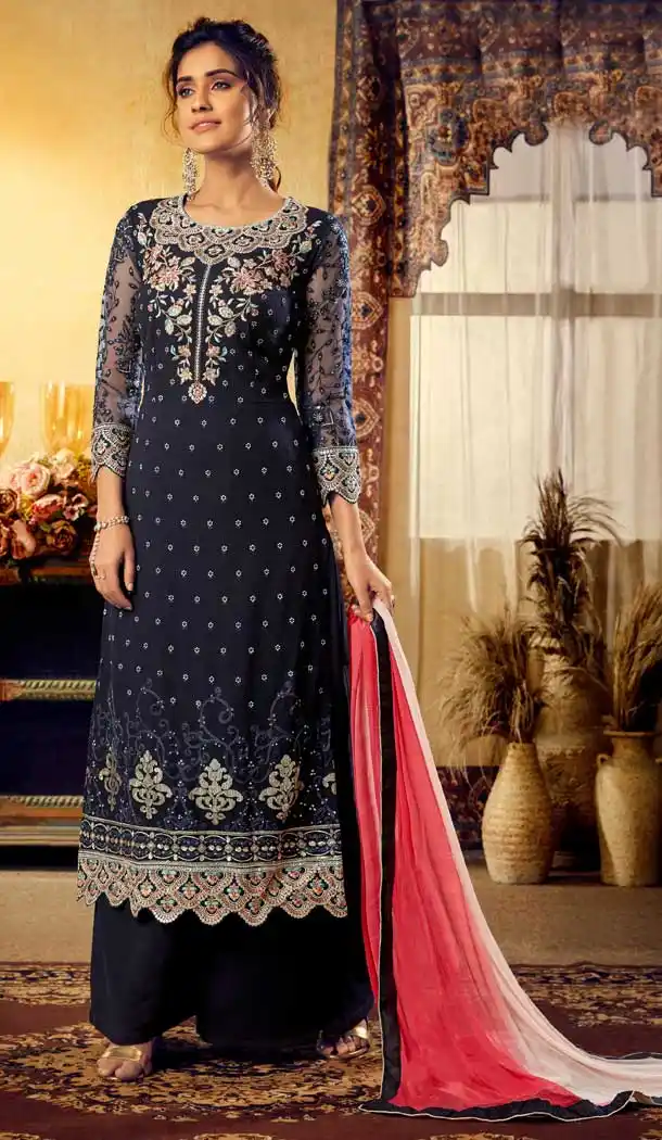 Elegance Navy Blue Color Viscos Georgette Party Wear Plazzo Suits -668284033