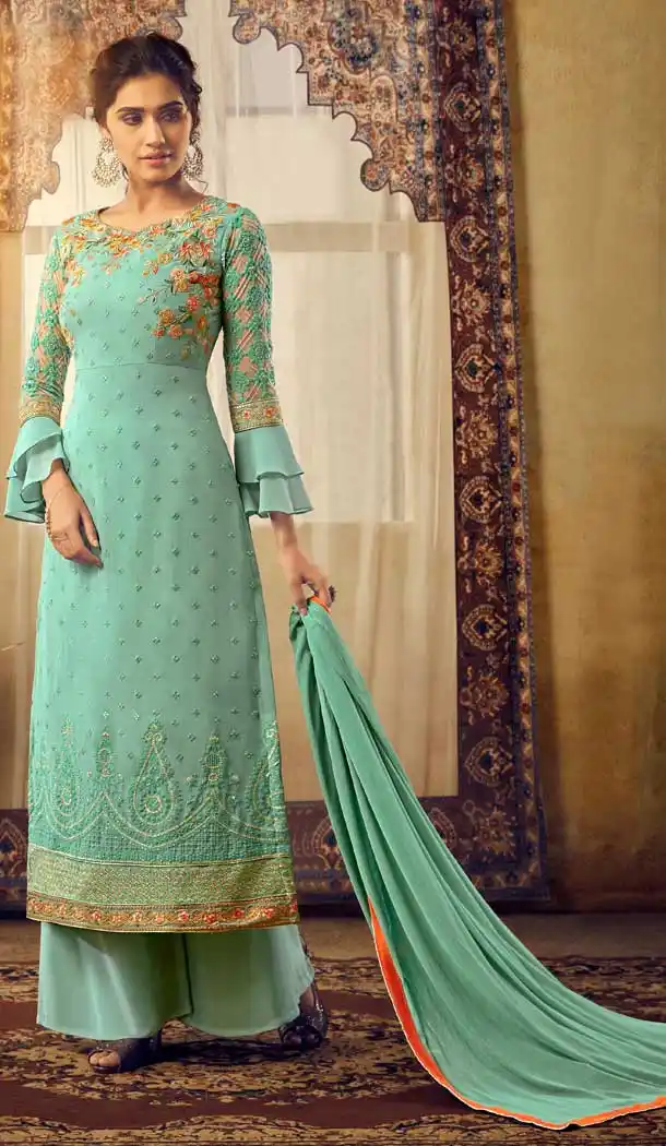 Stunning Sea Green Color Viscos Georgette Party Wear Plazzo Suits -668284034