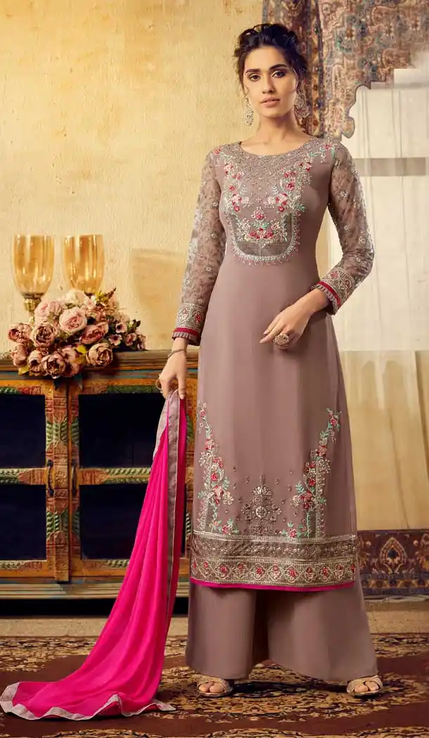 Charming Brown Color Viscos Georgette Party Wear Plazzo Suits -668284035