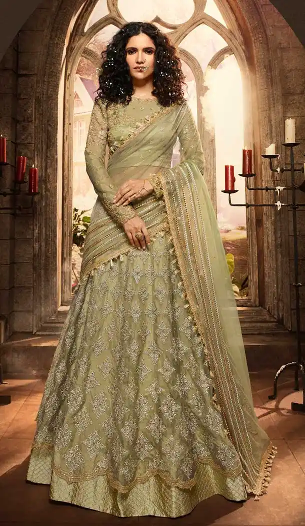 Mehandi Green Color Net Sangeet Mehendi Ceremony Wear Lehenga Choli -670284213
