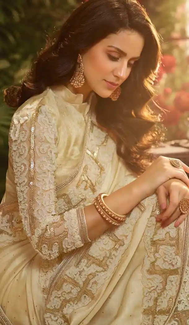 Cream Color Viscos Tusher Satin Silk Party Wear Saree Blouse -670484218