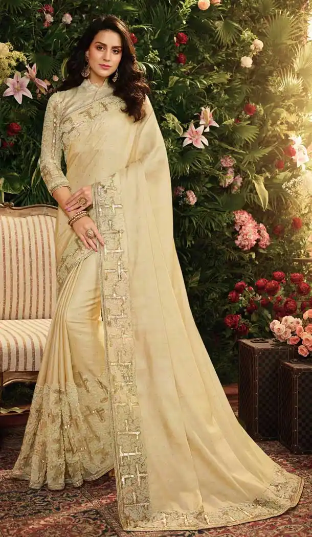 Cream Color Viscos Tusher Satin Silk Party Wear Saree Blouse -670484218