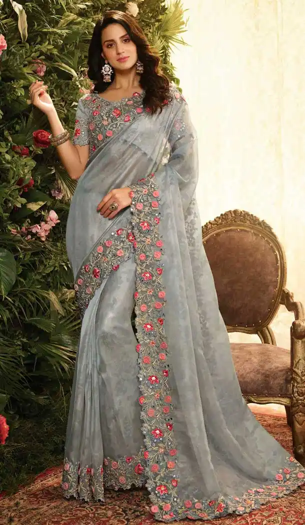 Unique Styling Grey Color Pure Organza Party Wear Saree Blouse -670484219