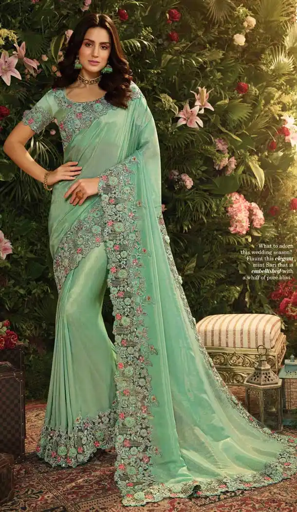 Sea Green Color Pure Viscos Tissue Party Wear Saree Blouse -670484221