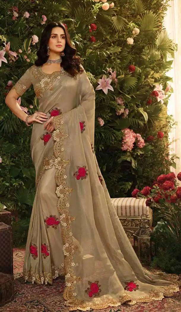 Ethnic Beige Color Pure Viscos Tissue Party Wear Saree Blouse -670484222
