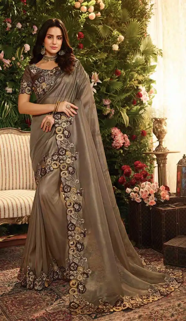 Elegant Tan Brown Color Pure Organza Party Wear Saree Blouse