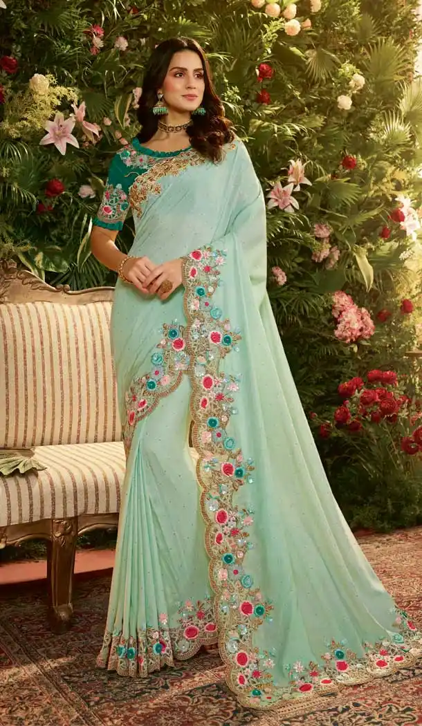 Sky Blue Color Pure Pandora Silk Party Wear Saree Blouse -670484226