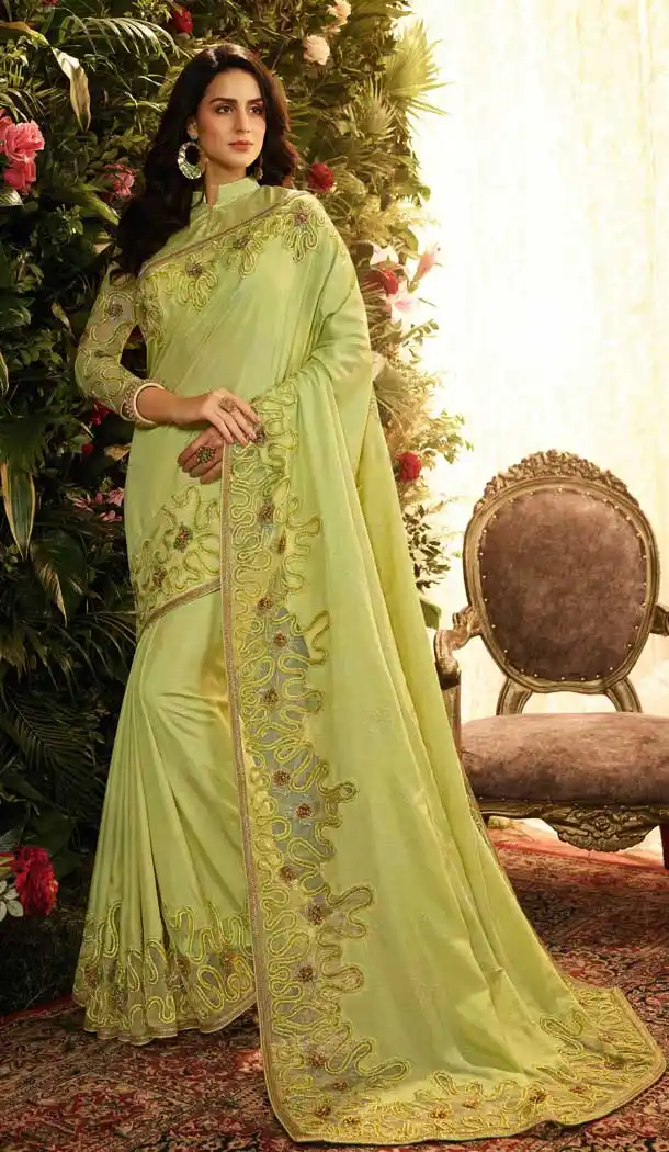 Pista Green Color Pure Pandora Silk Party Wear Saree Blouse -670484228