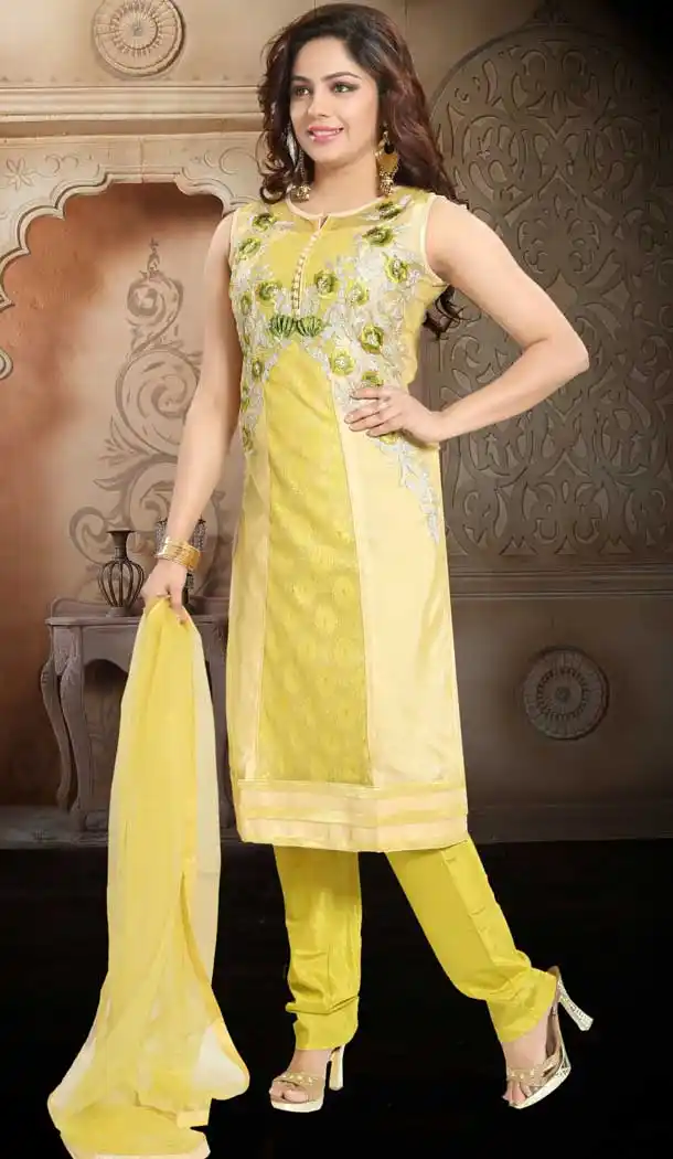 Lemon Cream Color Soft Net Party Wear Plus Size Readymade Suit -673184603