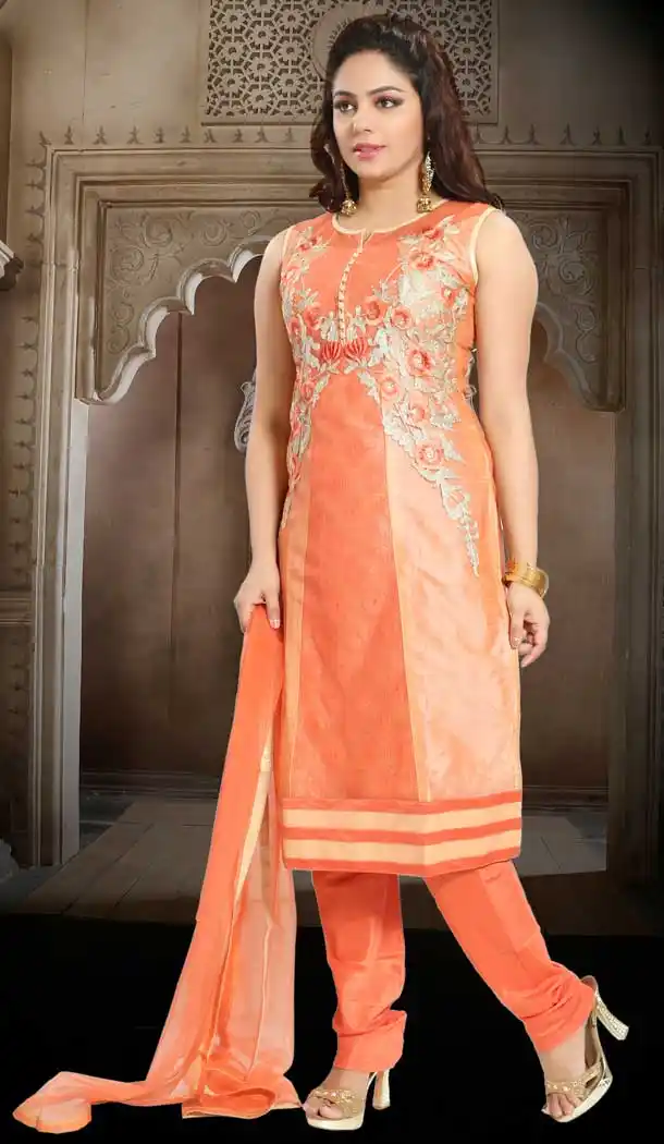 Orange Peach Color Soft Net Party Wear Plus Size Readymade Suit -673184604