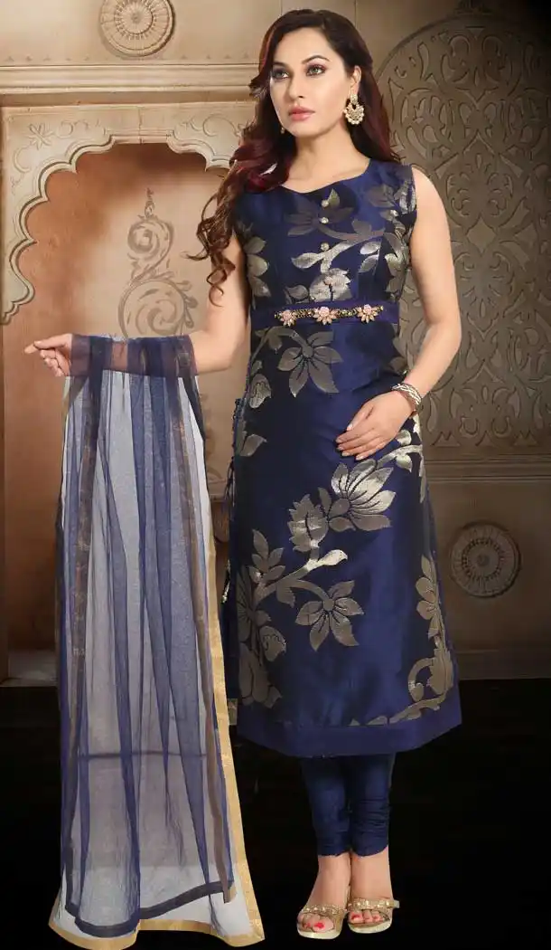Blue Color Brocade Silk Party Wear Plus Size Readymade Suit -673184609