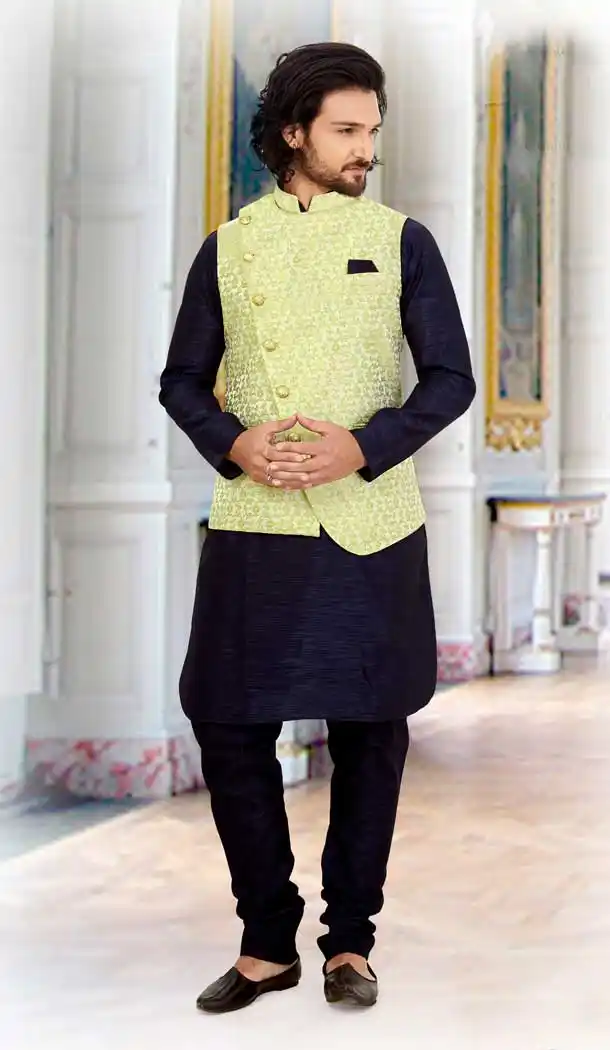 Navy Blue Color Silk Readymade Fastive Wear Kurta Pyjama with Jacket -673484641
