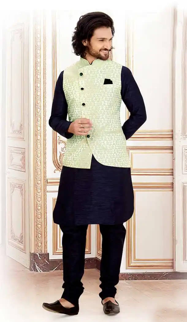 Marvelous Navy Blue Color Silk Readymade Fastive Wear Kurta Pyjama with Jacket -673484642