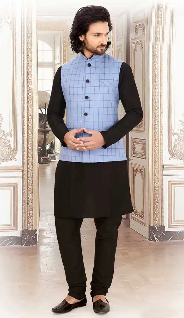 Contemporary Black Color Silk Readymade Fastive Wear Kurta Pyjama with Jacket -673484646