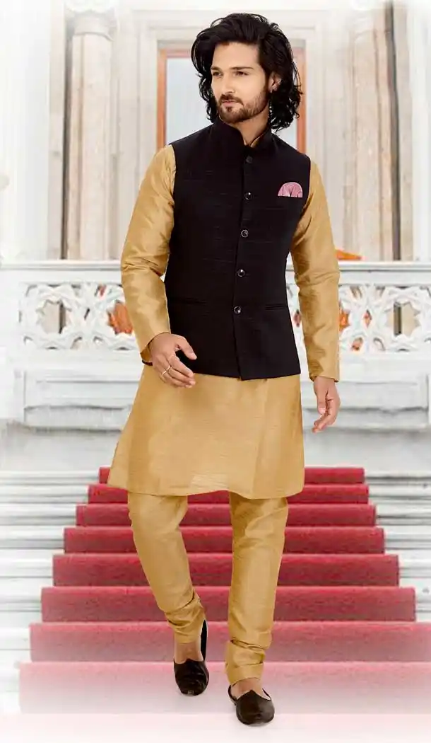 Beige Color Silk Readymade Fastive Wear Kurta Pyjama with Jacket -673484647