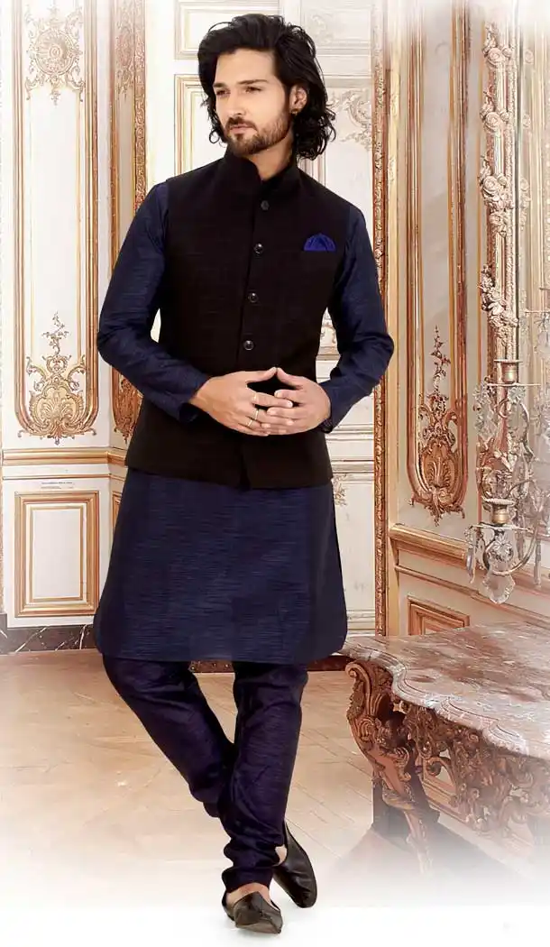 Fancy Navy Blue Color Silk Readymade Fastive Wear Kurta Pyjama with Jacket -673484648