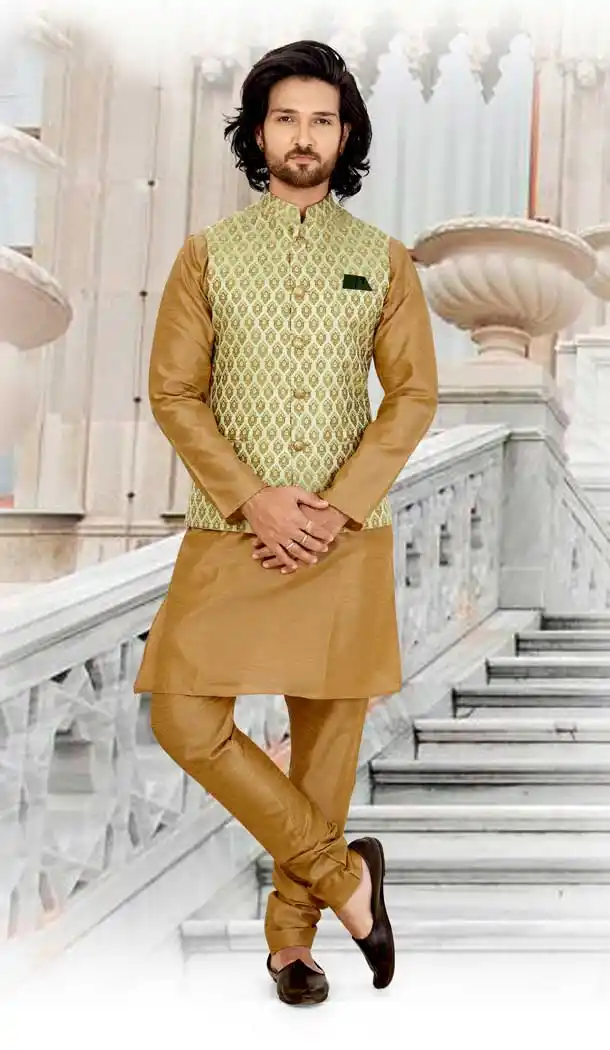 Fascinating Beige Color Silk Readymade Fastive Wear Kurta Pyjama with Jacket -673484649