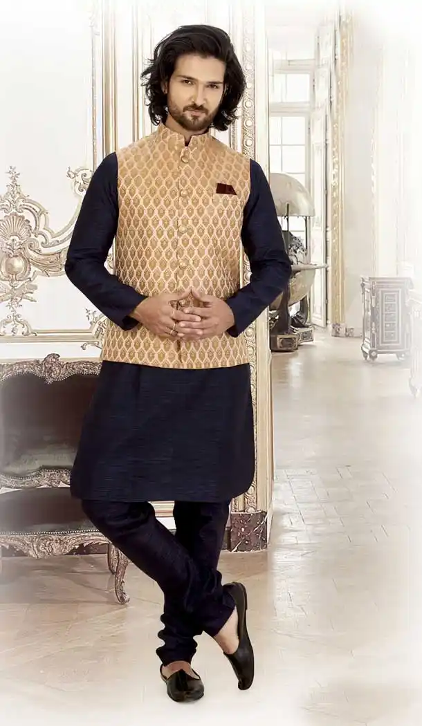 Melodic Navy Blue Color Silk Readymade Fastive Wear Kurta Pyjama with Jacket -673484620