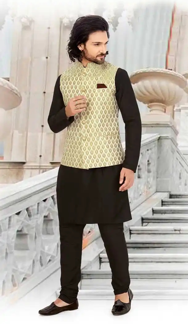 Gleaming Black Color Silk Readymade Fastive Wear Kurta Pyjama with Jacket -673484652