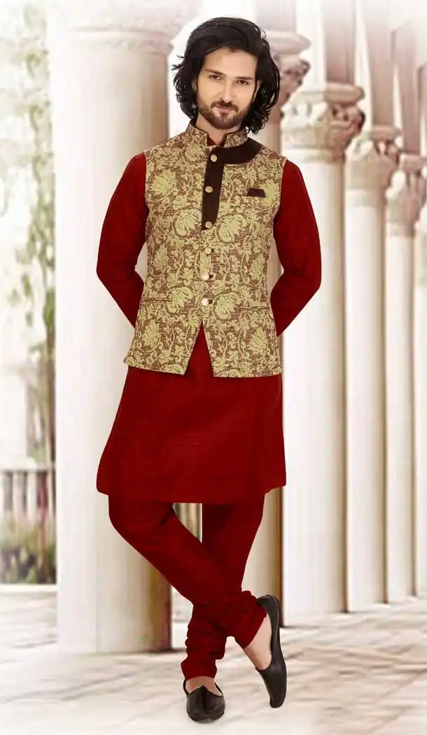 Tantalizing Maroon Color Silk Readymade Fastive Wear Kurta Pyjama with Jacket -673484653