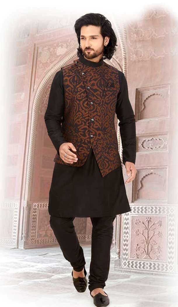 Tranquil Black Color Silk Readymade Fastive Wear Kurta Pyjama with Jacket -673484654