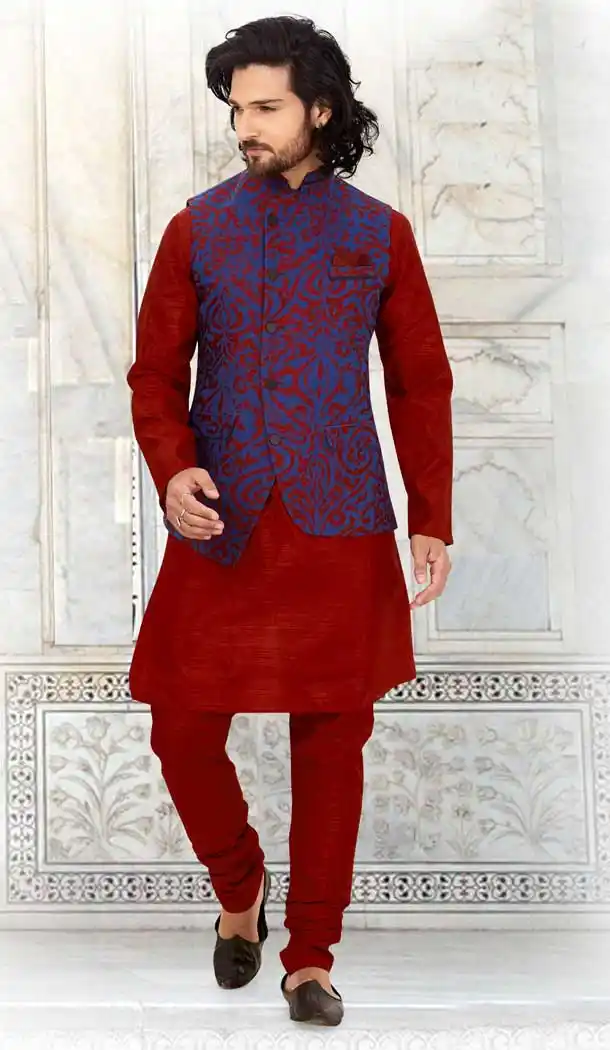 Alluring Maroon Color Silk Readymade Fastive Wear Kurta Pyjama with Jacket -673484655