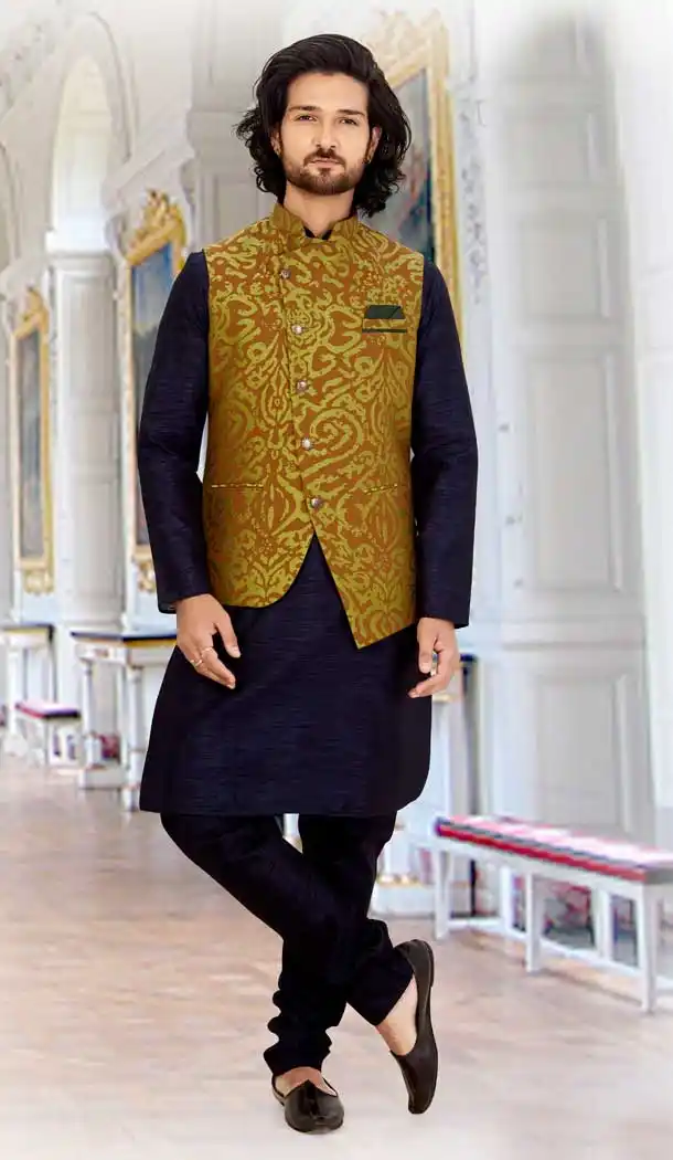 Adorable Navy Blue Color Silk Readymade Fastive Wear Kurta Pyjama with Jacket -673484656