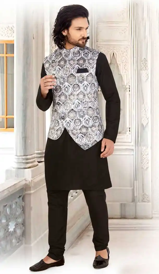 Gorgeous Black Color Silk Readymade Fastive Wear Kurta Pyjama with Jacket -673484657