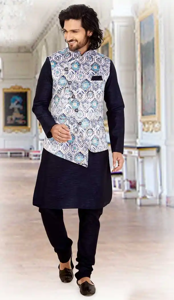 Chic Navy Blue Color Silk Readymade Fastive Wear Kurta Pyjama with Jacket -673484658