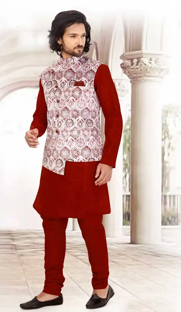 Chic Maroon Color Silk Readymade Fastive Wear Kurta Pyjama with Jacket -673484659