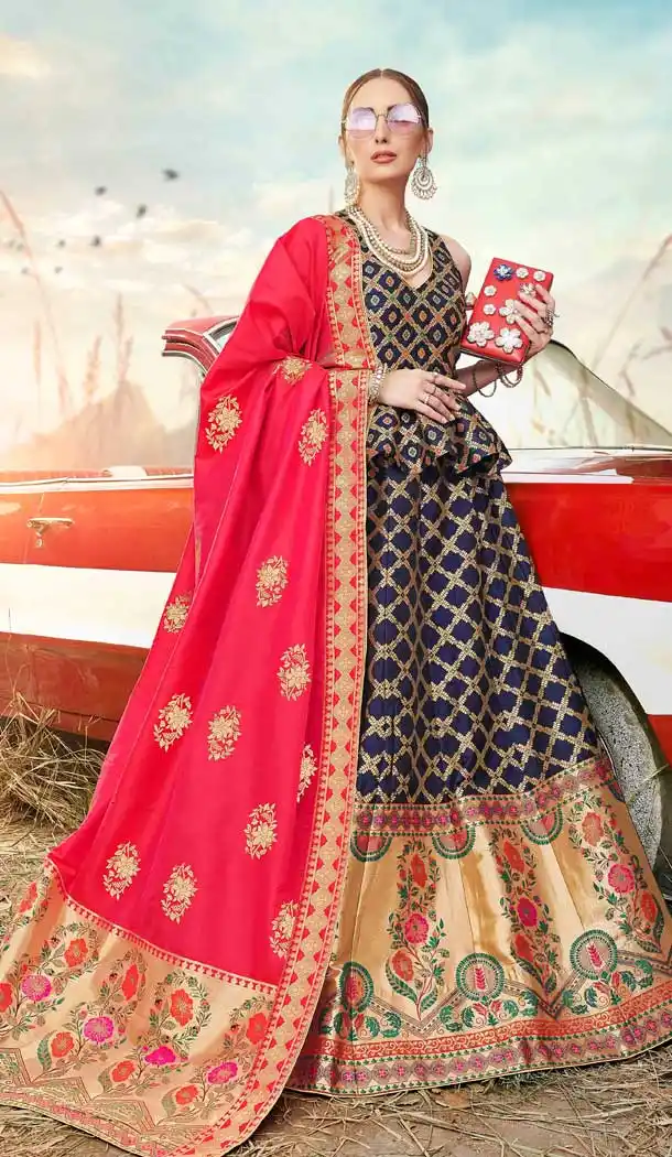 Navy Blue Color Banarasi Silk Jacquard Traditional Wear Lehenga Choli -674384739