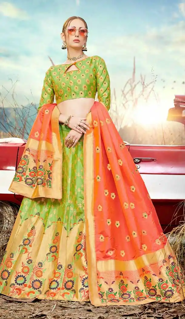 Light Green Color Banarasi Silk Jacquard Traditional Wear Lehenga Choli -674384743