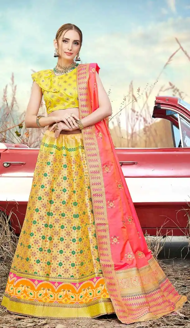 Exotic Yellow Color Banarasi Silk Jacquard Traditional Wear Lehenga Choli -674384745