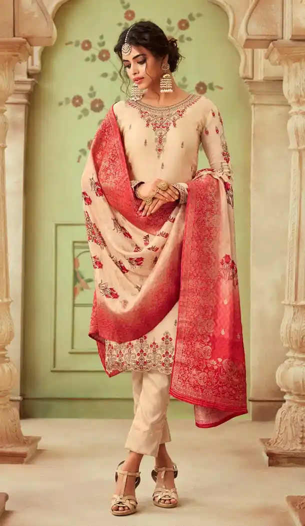 Elegant Party Wear Salwar Kameez In Cream Color Satin Georgette -675584837