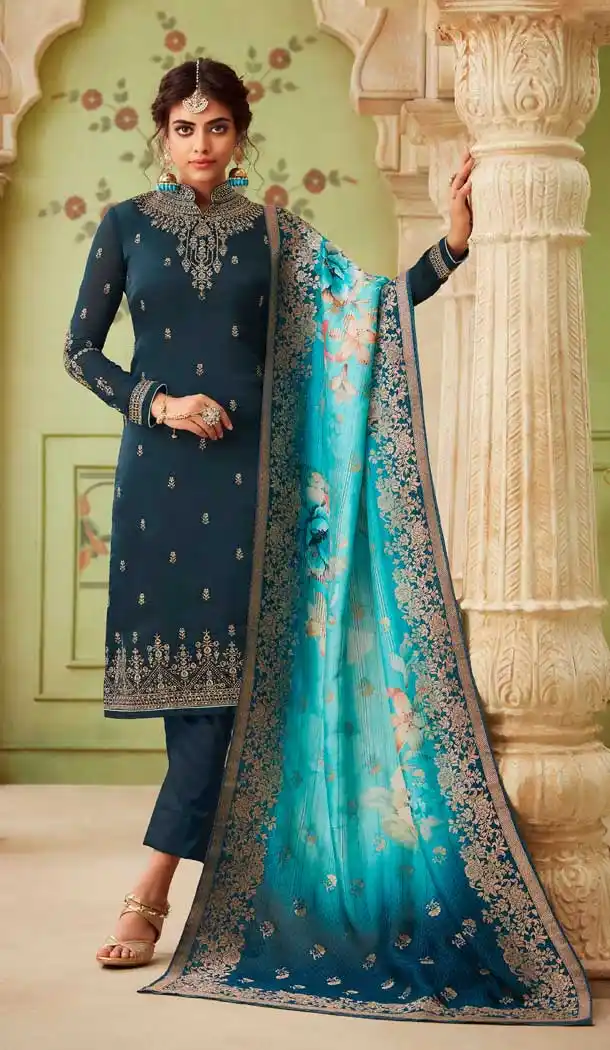 Fancy Party Wear Salwar Kameez In Steel Blue Color Satin Georgette -675584838