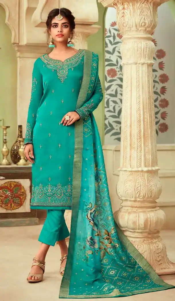 Charming Party Wear Salwar Kameez In Sea Green Color Satin Georgette -675584840