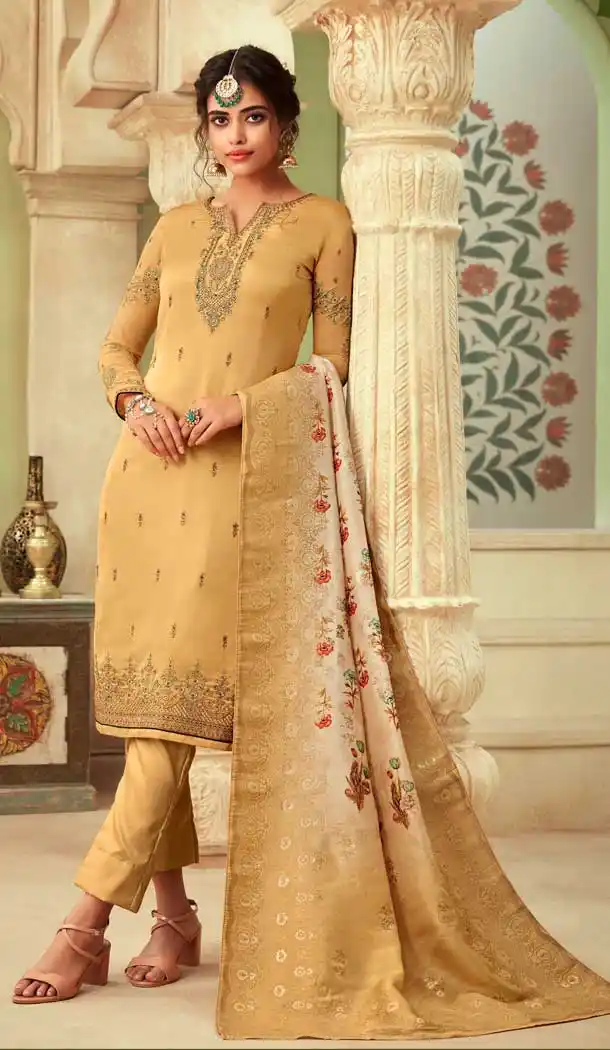 Marvelous Party Wear Salwar Kameez In Gold Color Satin Georgette -675584841