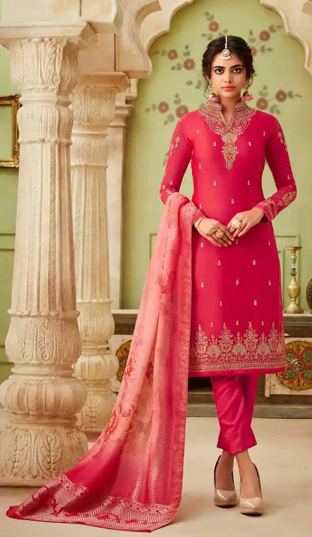 Party Wear Salwar Kameez In Redish Pink Color Satin Georgette -675584842