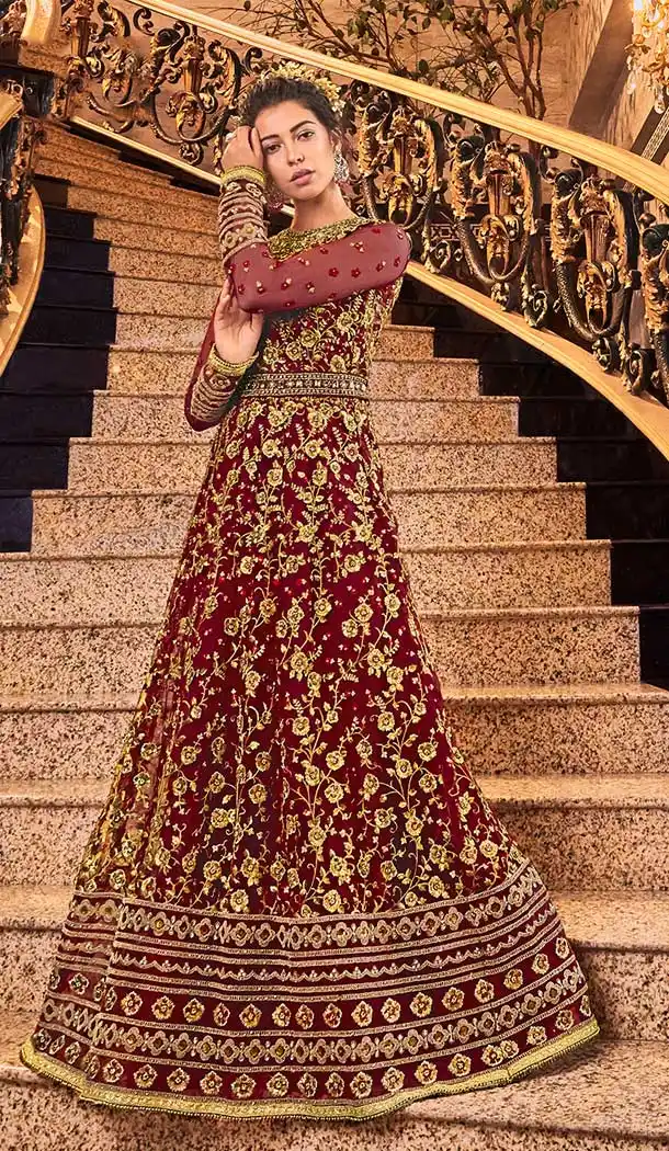 Luscious Designer Long Salwar Kameez In Maroon Color Net -71211626