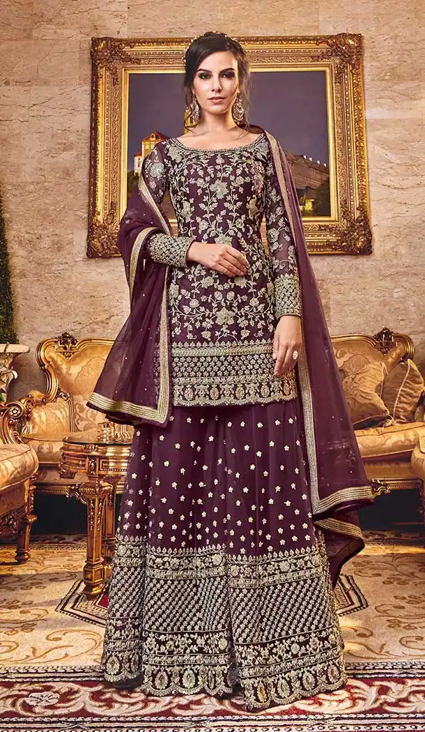 Tranquil Designer Long Wedding Sharara Suit In Wine Color Net -71211628